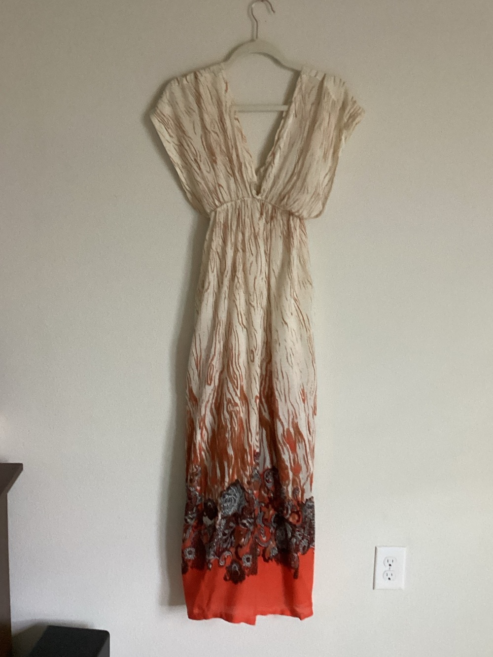 Cream Maxi Dress with Burnt Orange Floral Hem